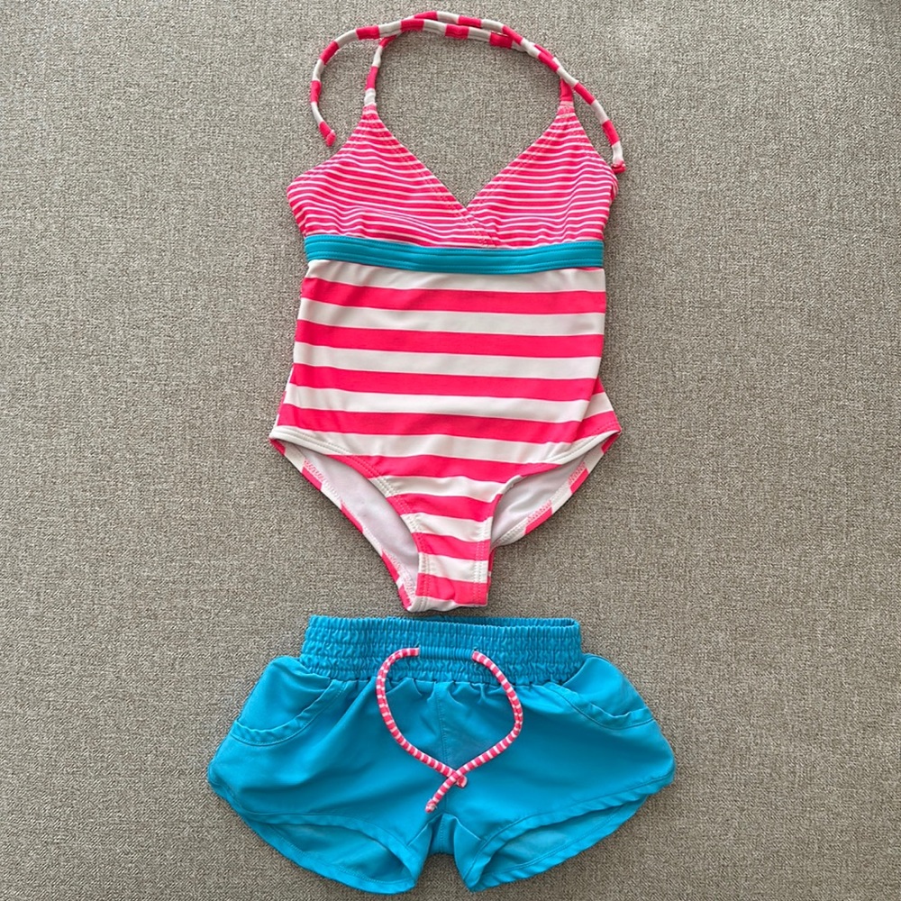 Xhilaration Girls Size 4-5, 2-Piece Swim Set Striped One-Piece w/ Shorts